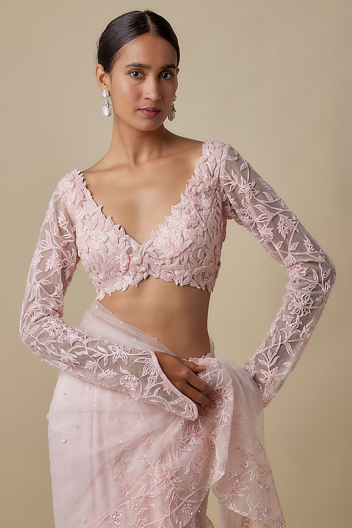Baby Pink Satin Organza Layered Draped Reception Saree Set by ASAGA at Pernia's Pop Up Shop