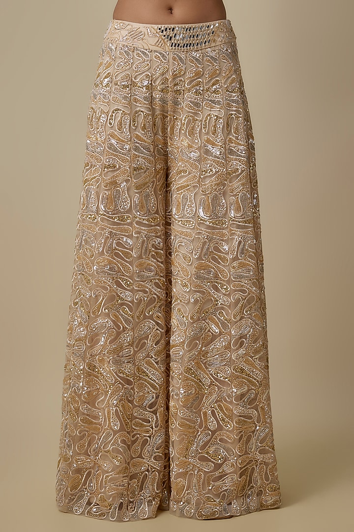 Beige Satin Organza Sequins Embellished Bridal Sharara Set by ASAGA at Pernia's Pop Up Shop