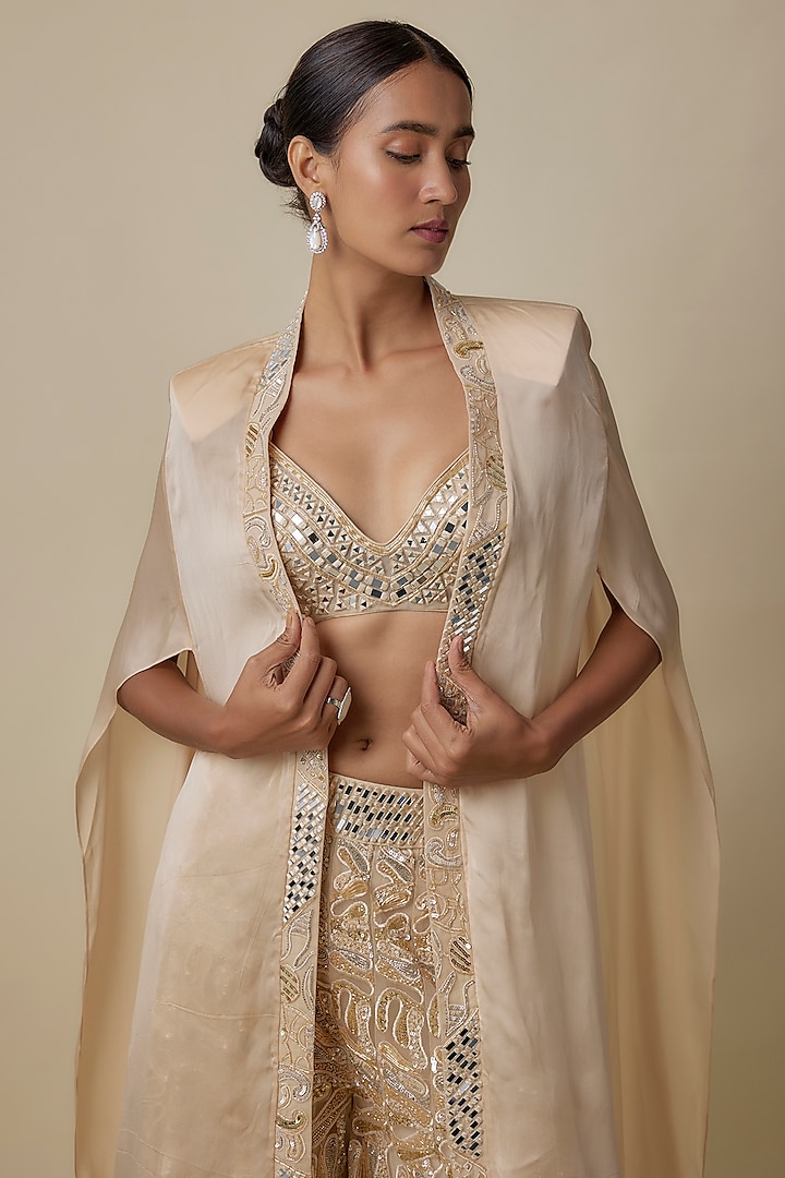 Beige Satin Organza Sequins Embellished Bridal Sharara Set by ASAGA at Pernia's Pop Up Shop