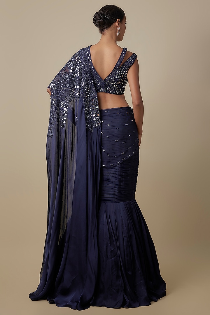 Navy Blue Satin Organza Draped Wedding Saree Set by ASAGA at Pernia's Pop Up Shop