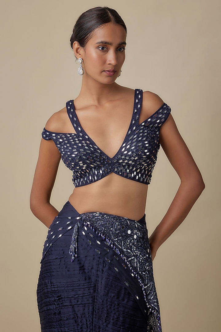 Navy Blue Satin Organza Draped Wedding Saree Set by ASAGA at Pernia's Pop Up Shop