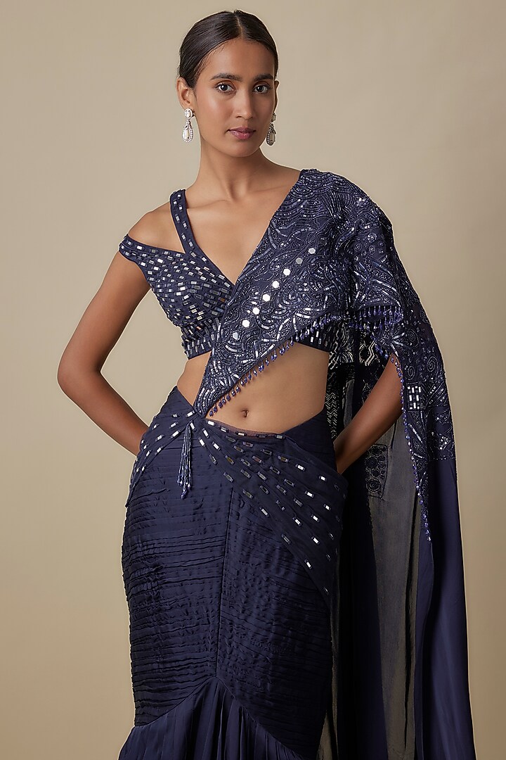 Navy Blue Satin Organza Draped Wedding Saree Set by ASAGA at Pernia's Pop Up Shop