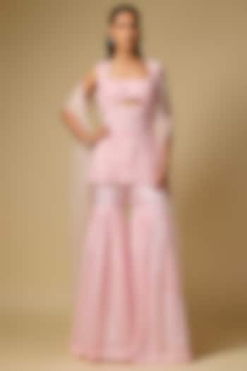 Baby Pink Satin Tulle Hand Embroidered Bridal Sharara Set by ASAGA at Pernia's Pop Up Shop