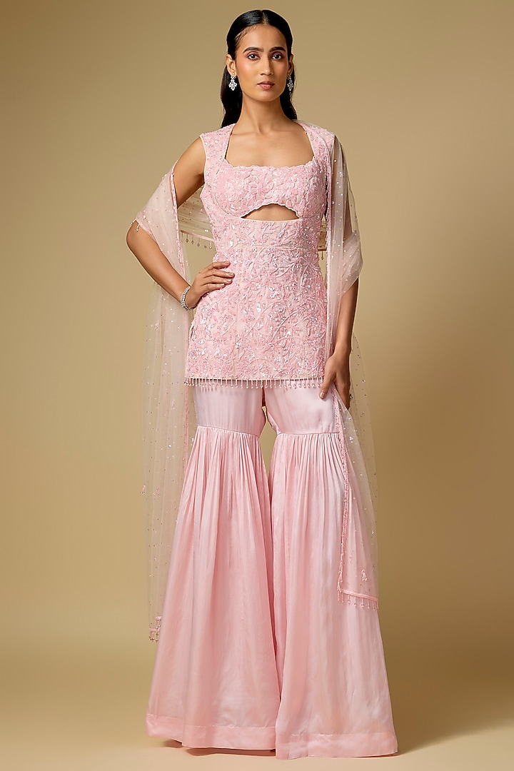 Baby Pink Satin Tulle Hand Embroidered Bridal Sharara Set by ASAGA at Pernia's Pop Up Shop