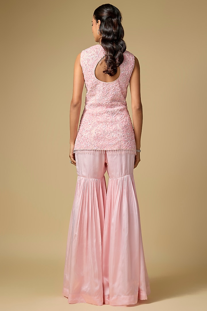 Baby Pink Satin Tulle Hand Embroidered Bridal Sharara Set by ASAGA at Pernia's Pop Up Shop