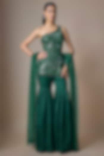 Emerald Green Satin Tulle Mirror Embroidered Bridal Sharara Set by ASAGA at Pernia's Pop Up Shop