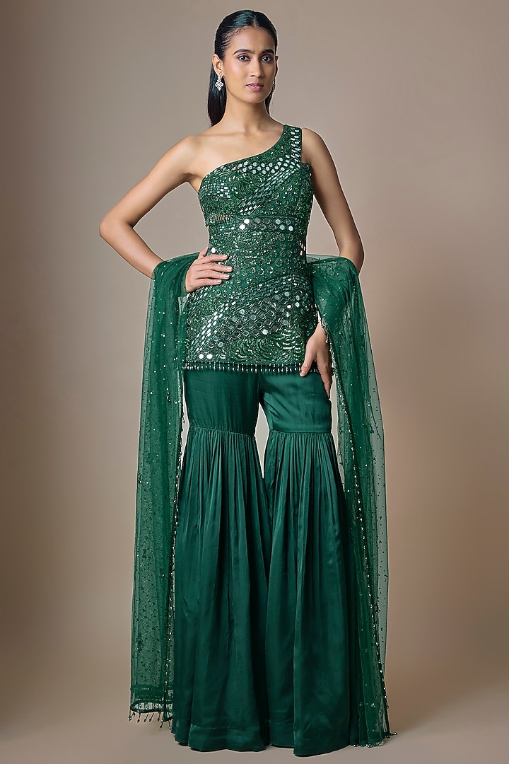 Emerald Green Satin Tulle Mirror Embroidered Bridal Sharara Set by ASAGA at Pernia's Pop Up Shop