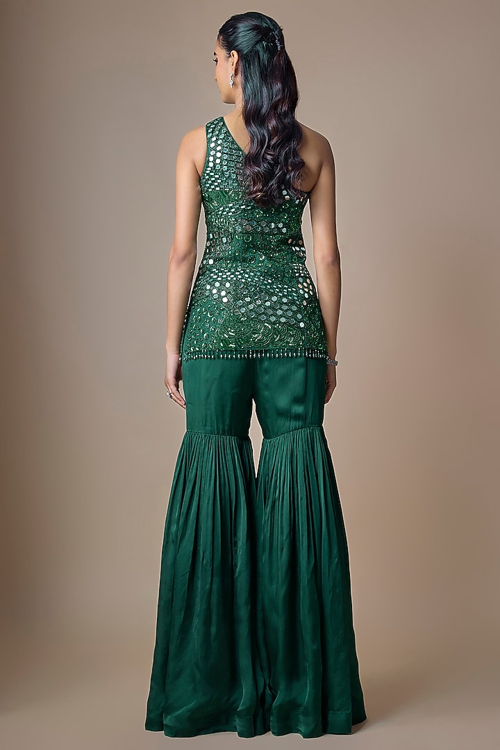 Emerald Green Satin Tulle Mirror Embroidered Bridal Sharara Set by ASAGA at Pernia's Pop Up Shop
