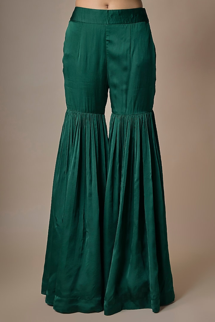 Emerald Green Satin Tulle Mirror Embroidered Bridal Sharara Set by ASAGA at Pernia's Pop Up Shop
