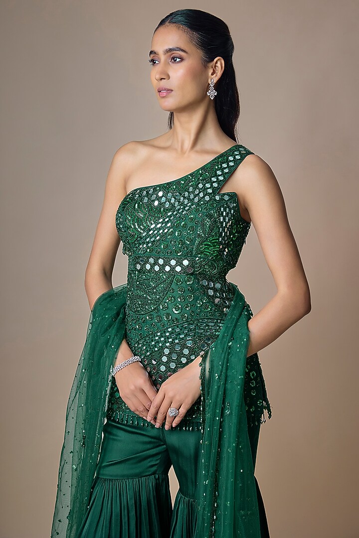 Emerald Green Satin Tulle Mirror Embroidered Bridal Sharara Set by ASAGA at Pernia's Pop Up Shop