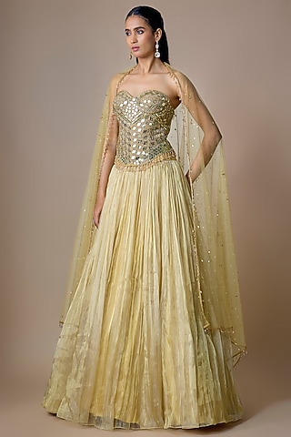 Gold Satin Tissue Tulle Mirror Embroidered Lehenga Set by ASAGA