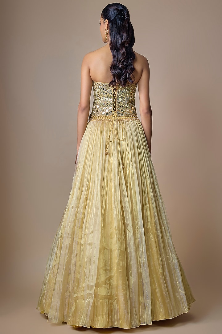Gold Satin Tissue Tulle Mirror Embroidered Wedding Lehenga Set by ASAGA at Pernia's Pop Up Shop