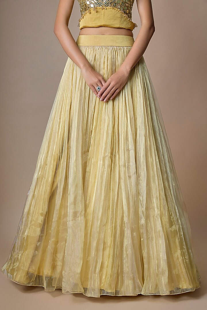 Gold Satin Tissue Tulle Mirror Embroidered Wedding Lehenga Set by ASAGA at Pernia's Pop Up Shop