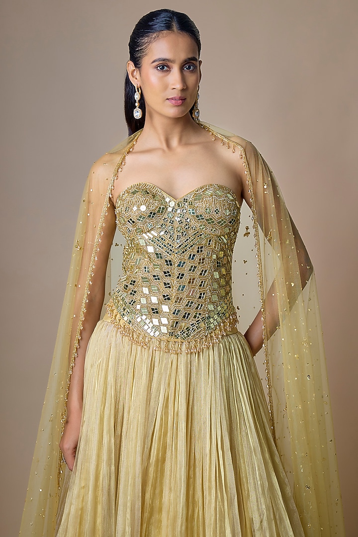 Gold Satin Tissue Tulle Mirror Embroidered Wedding Lehenga Set by ASAGA at Pernia's Pop Up Shop