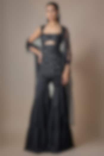 Black Satin Tulle Hand Embroidered Bridal Sharara Set by ASAGA at Pernia's Pop Up Shop