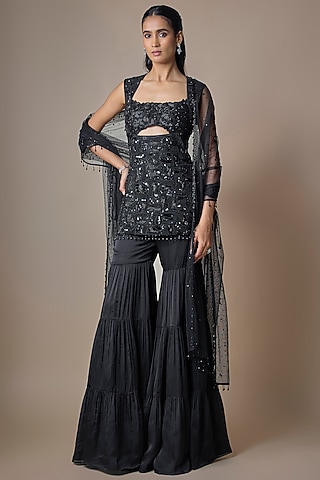 Black Satin Tulle Hand Embroidered Sharara Set by ASAGA