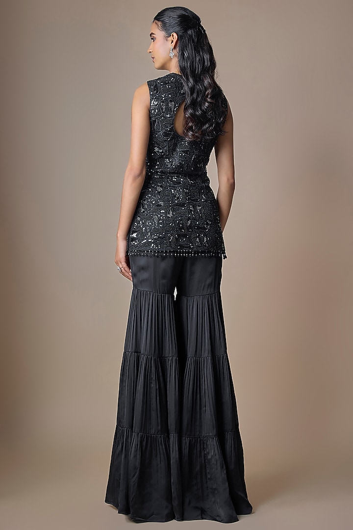 Black Satin Tulle Hand Embroidered Bridal Sharara Set by ASAGA at Pernia's Pop Up Shop