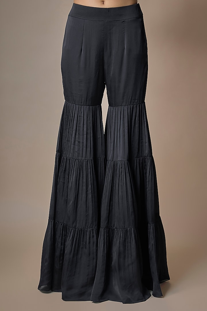 Black Satin Tulle Hand Embroidered Bridal Sharara Set by ASAGA at Pernia's Pop Up Shop