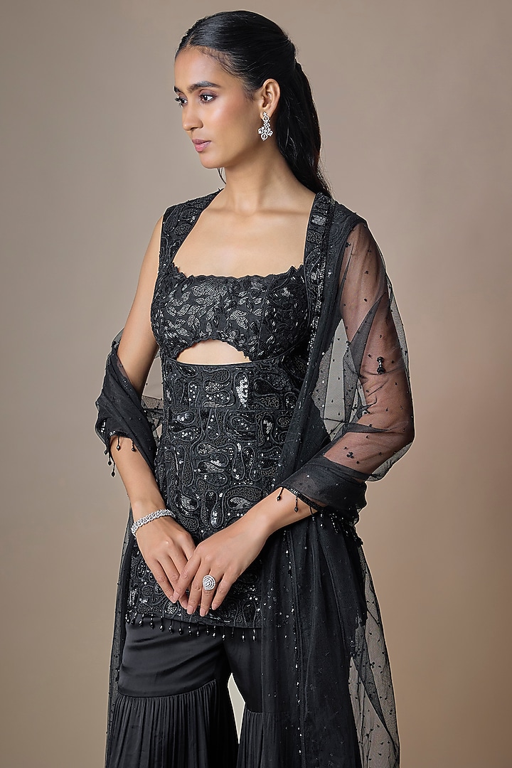 Black Satin Tulle Hand Embroidered Bridal Sharara Set by ASAGA at Pernia's Pop Up Shop