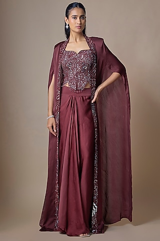 Wine Satin Tulle Hand Embroidered Draped Skirt Set by ASAGA