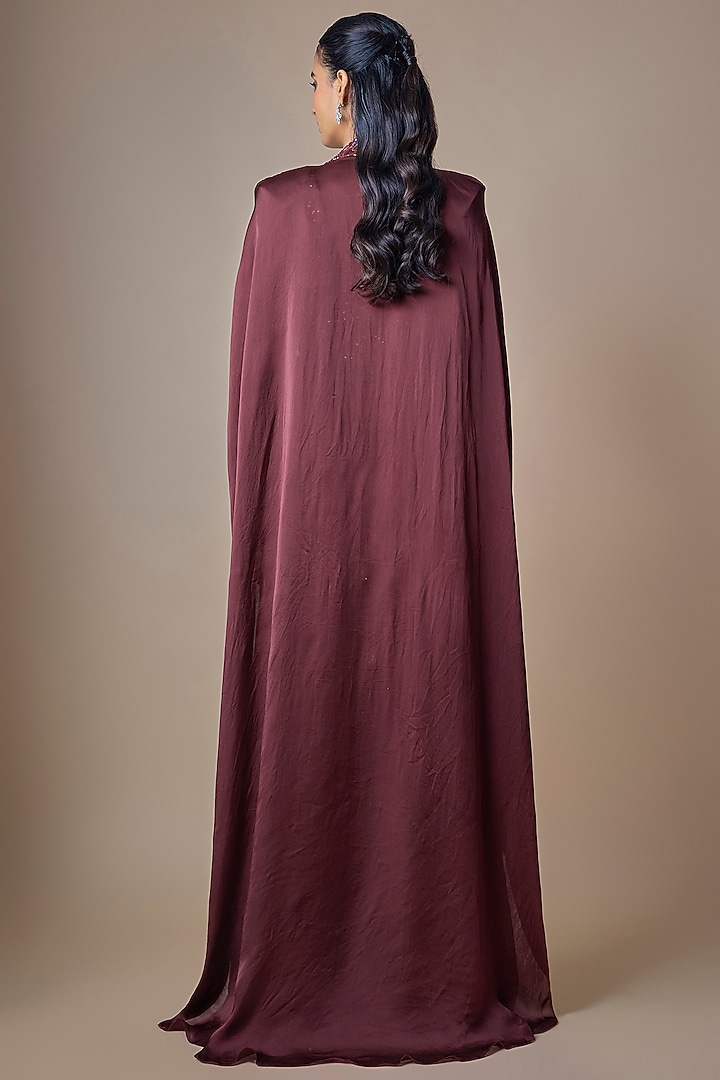 Wine Satin Tulle Hand Embroidered Draped Skirt Set by ASAGA at Pernia's Pop Up Shop