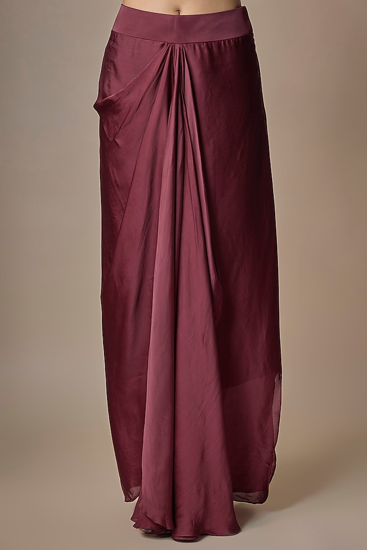 Wine Satin Tulle Hand Embroidered Draped Skirt Set by ASAGA at Pernia's Pop Up Shop