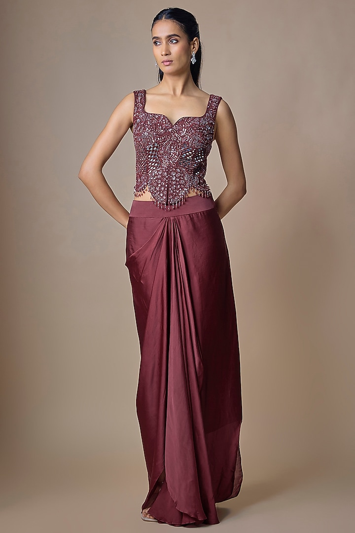Wine Satin Tulle Hand Embroidered Draped Skirt Set by ASAGA at Pernia's Pop Up Shop