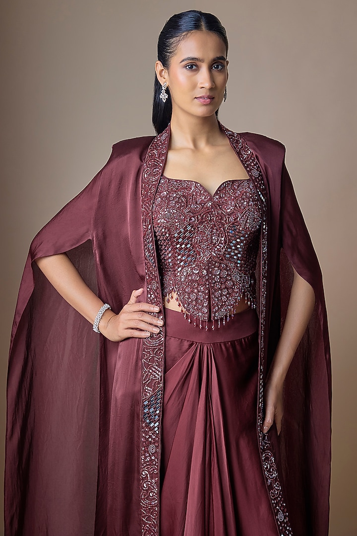 Wine Satin Tulle Hand Embroidered Draped Skirt Set by ASAGA at Pernia's Pop Up Shop