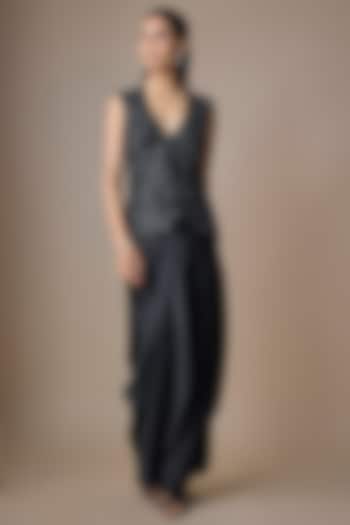 Black Satin Tulle Hand Embroidered Draped Skirt Set by ASAGA at Pernia's Pop Up Shop