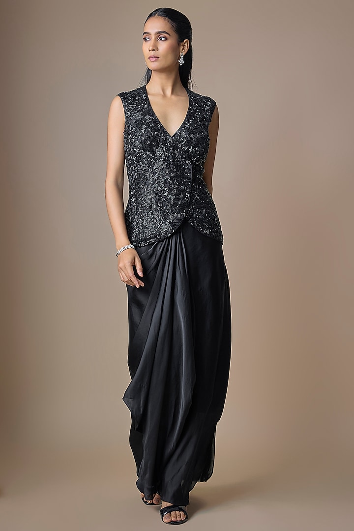 Black Satin Tulle Hand Embroidered Draped Skirt Set by ASAGA at Pernia's Pop Up Shop