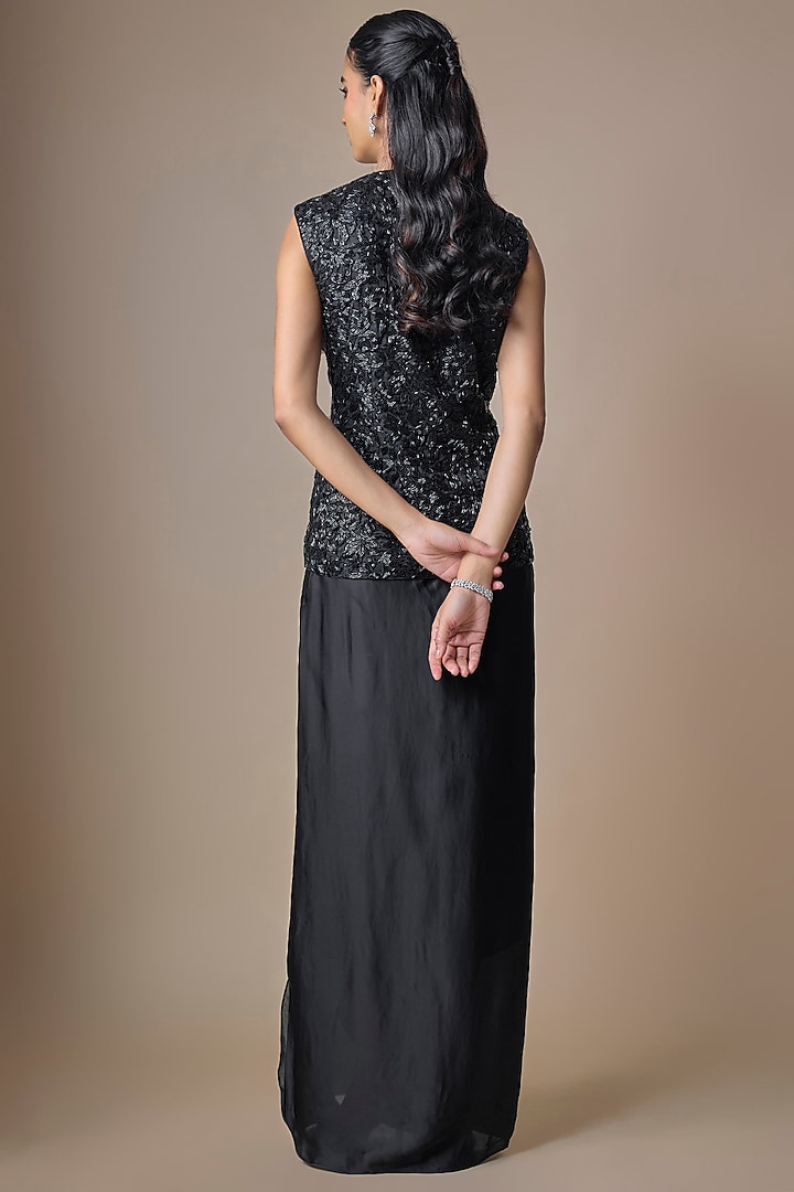 Black Satin Tulle Hand Embroidered Draped Skirt Set by ASAGA at Pernia's Pop Up Shop