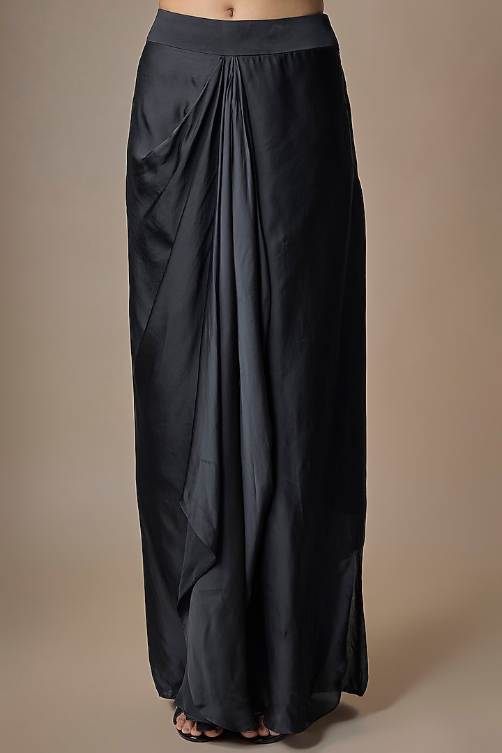 Black Satin Tulle Hand Embroidered Draped Skirt Set by ASAGA at Pernia's Pop Up Shop