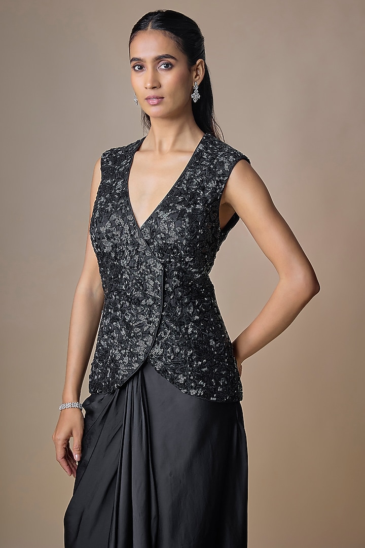 Black Satin Tulle Hand Embroidered Draped Skirt Set by ASAGA at Pernia's Pop Up Shop