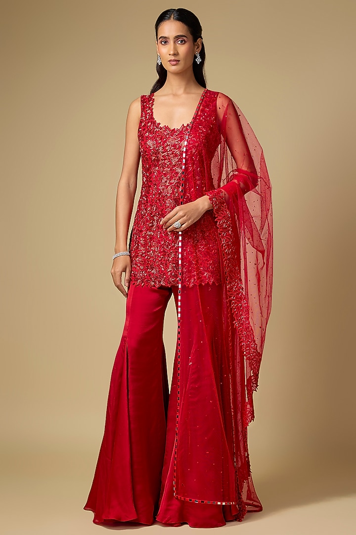 Red Satin Tulle Hand Embroidered Wedding Sharara Set by ASAGA at Pernia's Pop Up Shop
