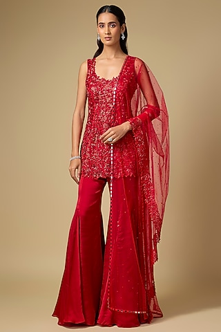 Red Satin Tulle Hand Embroidered Sharara Set by ASAGA