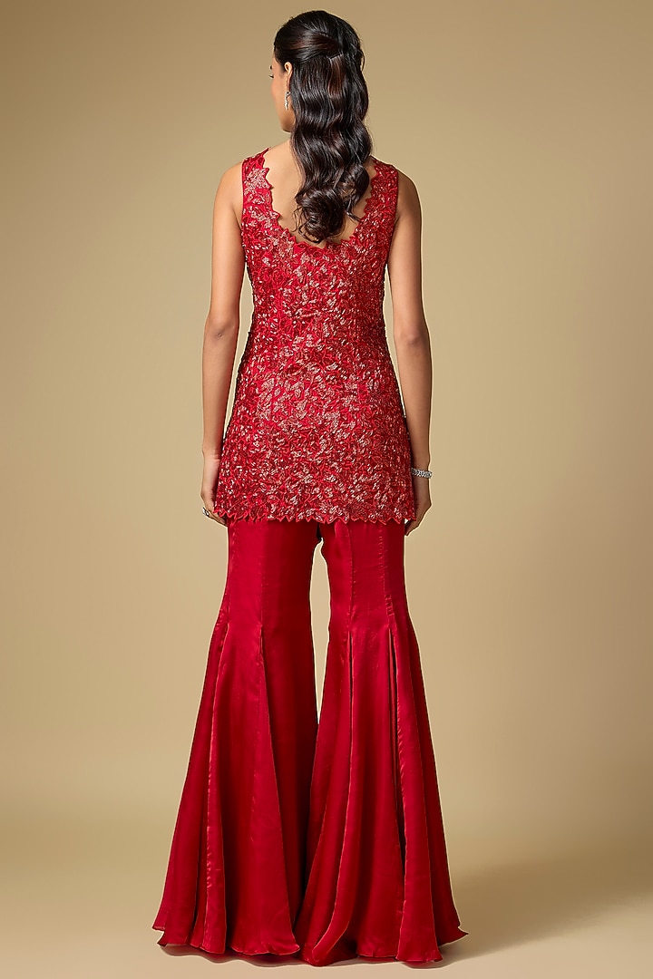 Red Satin Tulle Hand Embroidered Wedding Sharara Set by ASAGA at Pernia's Pop Up Shop