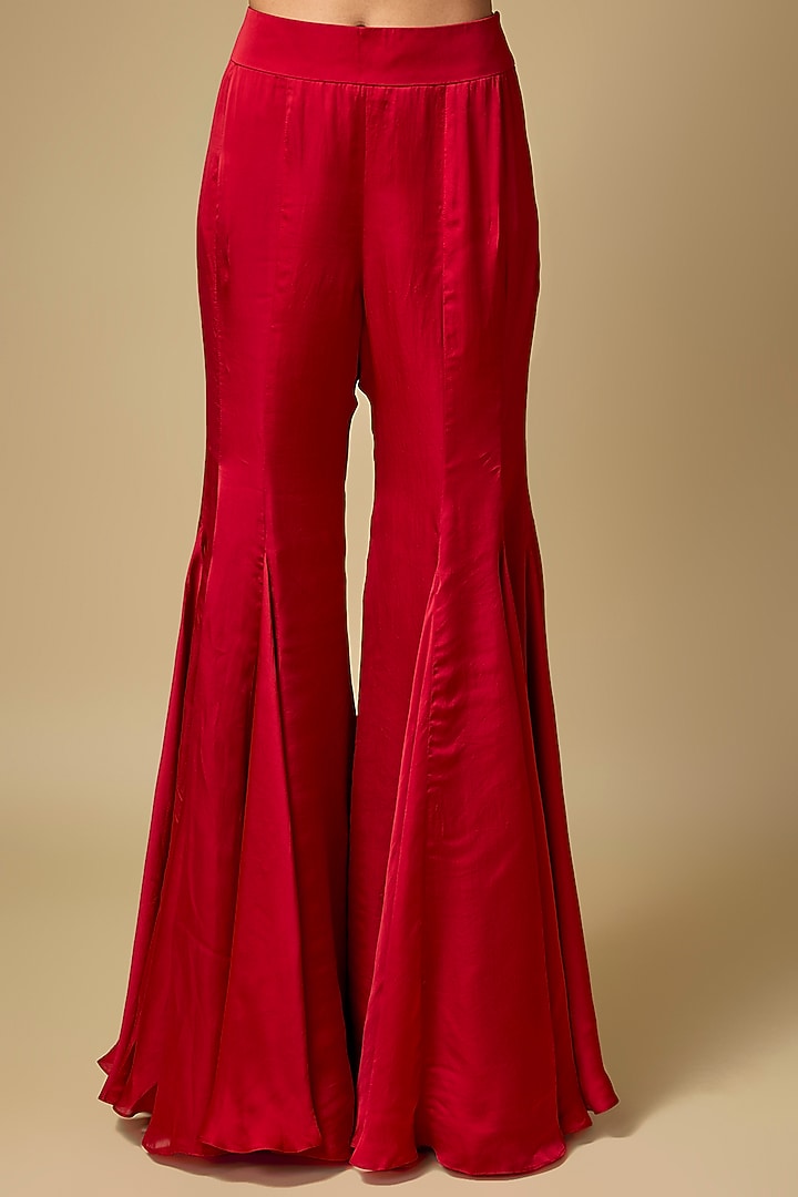 Red Satin Tulle Hand Embroidered Wedding Sharara Set by ASAGA at Pernia's Pop Up Shop