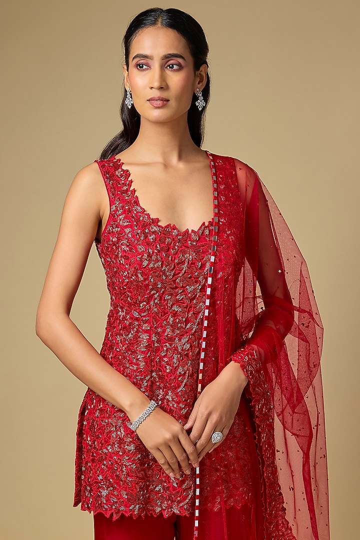 Red Satin Tulle Hand Embroidered Wedding Sharara Set by ASAGA at Pernia's Pop Up Shop