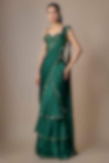 Emerald Green Satin Tulle Hand Embroidered Draped Reception Saree Set by ASAGA at Pernia's Pop Up Shop