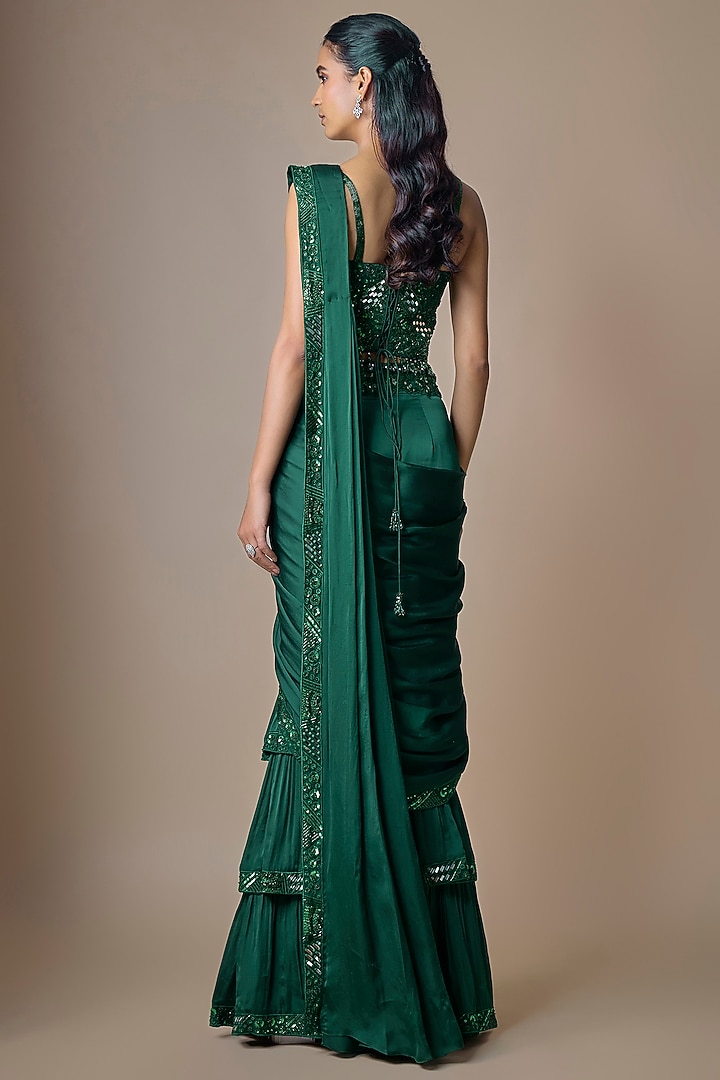 Emerald Green Satin Tulle Hand Embroidered Draped Reception Saree Set by ASAGA at Pernia's Pop Up Shop