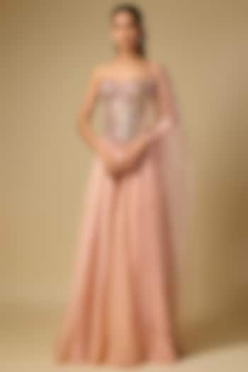 Rose Gold Tissue & Tulle Embroidered Bridal Sharara Set by ASAGA at Pernia's Pop Up Shop