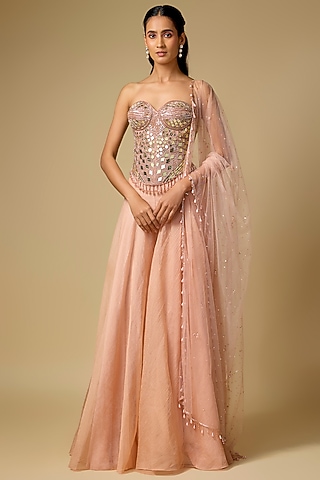 Rose Gold Tissue & Tulle Embroidered Sharara Set by ASAGA