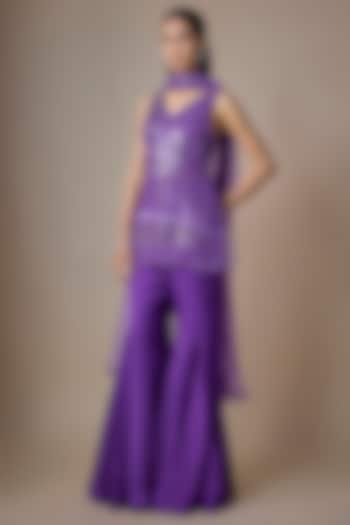 Purple Satin Tulle Hand Embroidered Wedding Sharara Set by ASAGA at Pernia's Pop Up Shop