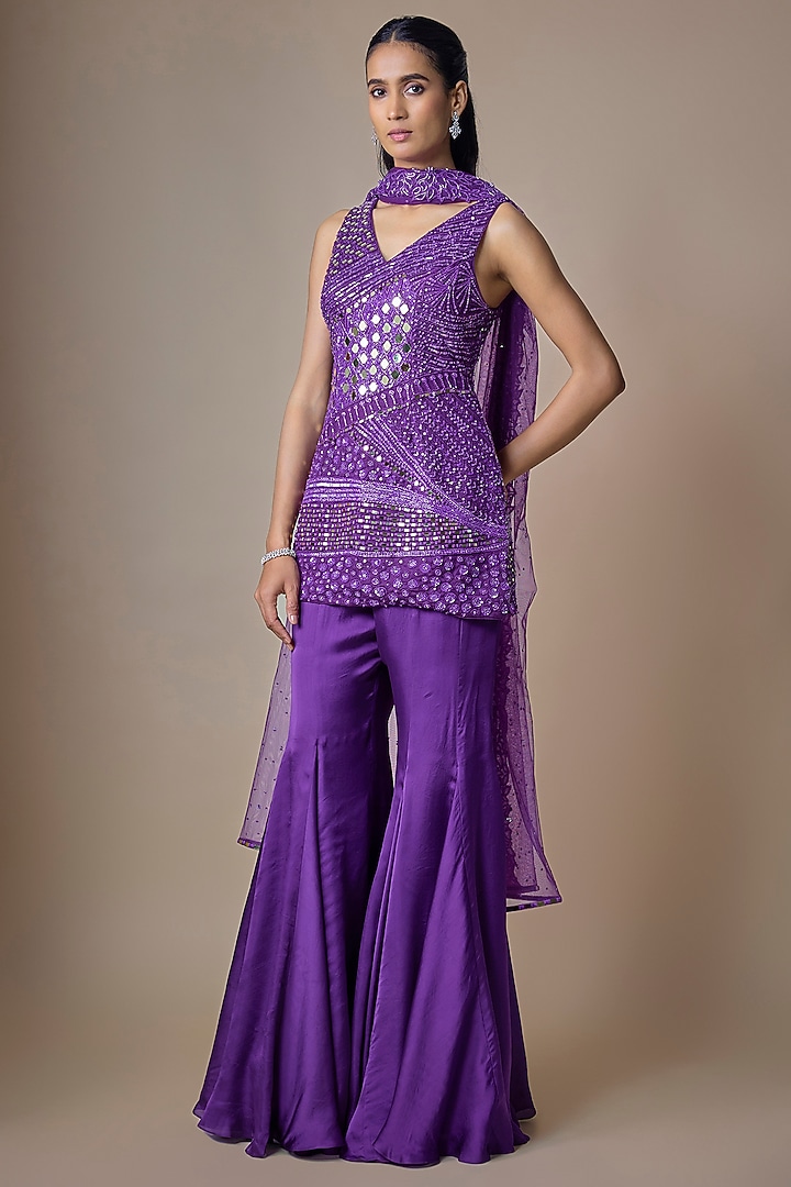 Purple Satin Tulle Hand Embroidered Wedding Sharara Set by ASAGA at Pernia's Pop Up Shop