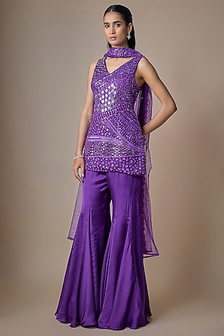 Purple Satin Tulle Hand Embroidered Sharara Set by ASAGA