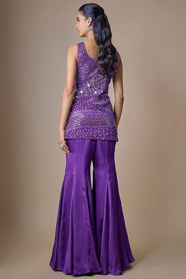 Purple Satin Tulle Hand Embroidered Wedding Sharara Set by ASAGA at Pernia's Pop Up Shop