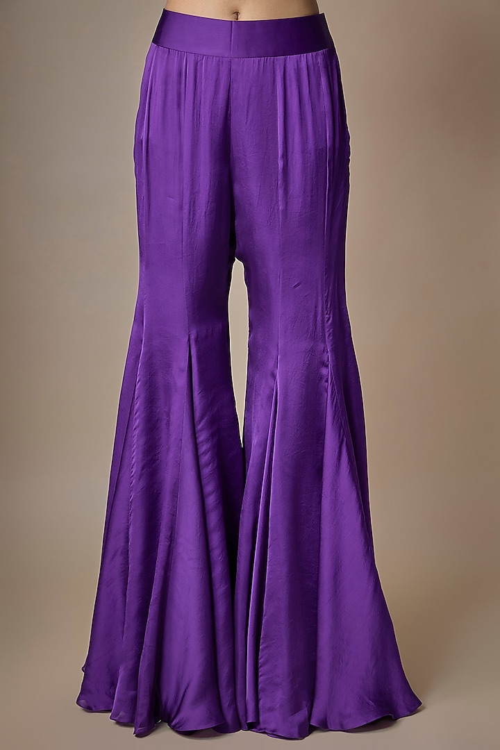 Purple Satin Tulle Hand Embroidered Wedding Sharara Set by ASAGA at Pernia's Pop Up Shop