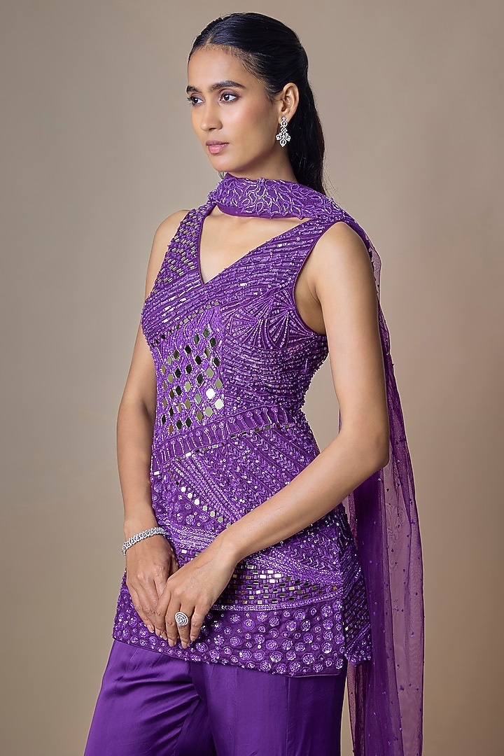 Purple Satin Tulle Hand Embroidered Wedding Sharara Set by ASAGA at Pernia's Pop Up Shop
