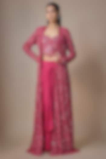 Magenta Satin Tulle Hand Embroidered Long Jacket Set by ASAGA at Pernia's Pop Up Shop