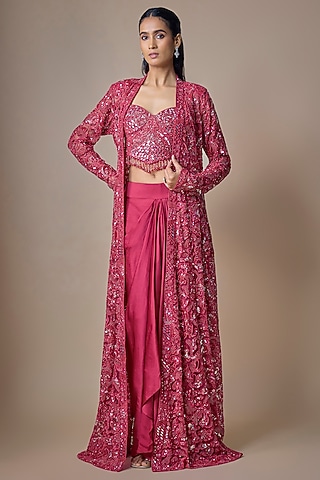 Magenta Satin Tulle Hand Embroidered Long Jacket Set by ASAGA